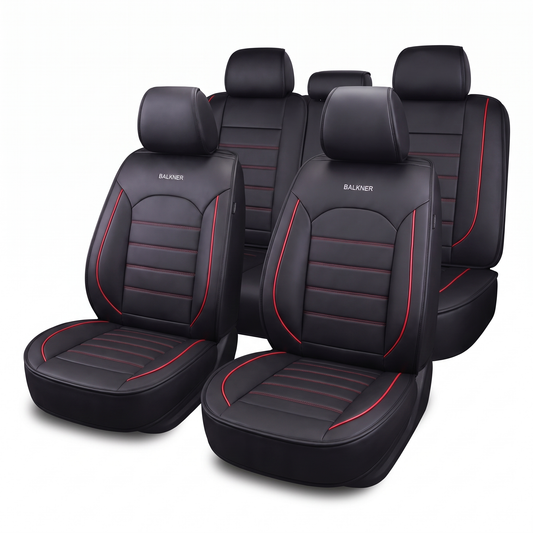 Husă universală luxoasă pentru scaune auto Balkner, piele ecologică, 9 piese – Neagră cu cusătură roșie