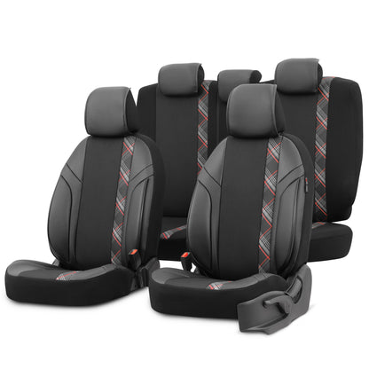 Set Tapițerie Horizon – Negru/Roșu, Textil/Piele, pentru Scaune Față și Spate