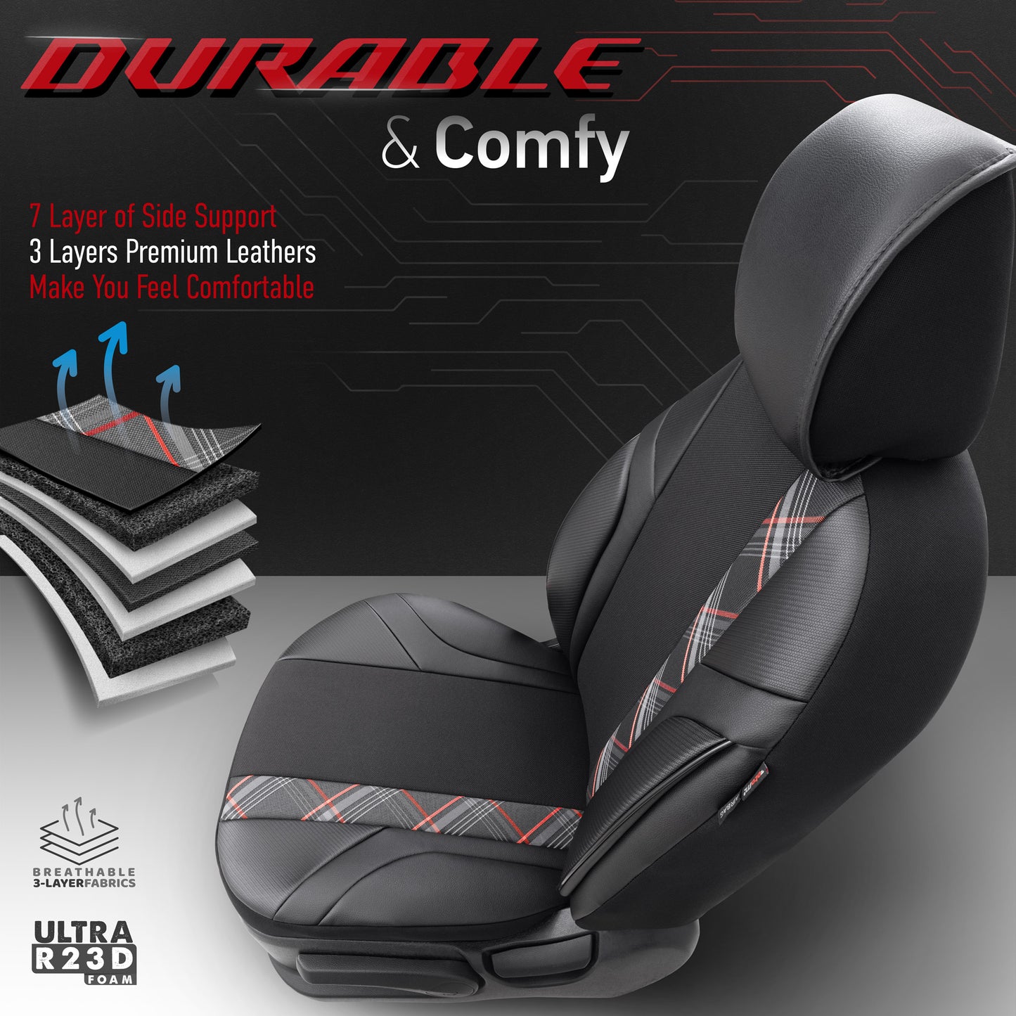 Set Tapițerie Horizon – Negru/Roșu, Textil/Piele, pentru Scaune Față și Spate