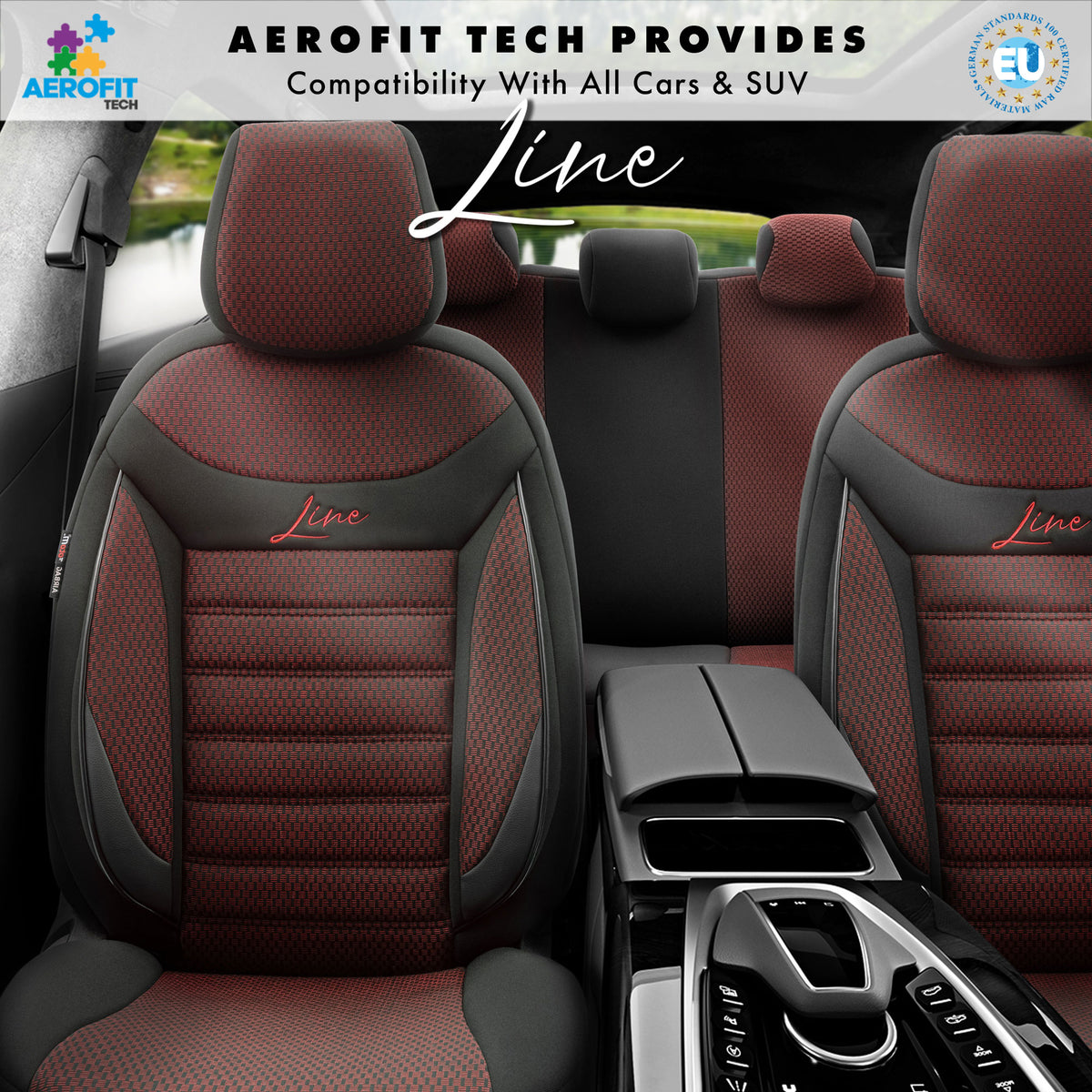 Set huse auto Line 1003 – Negru/bordo, material textil, pentru scaunele din față și din spate