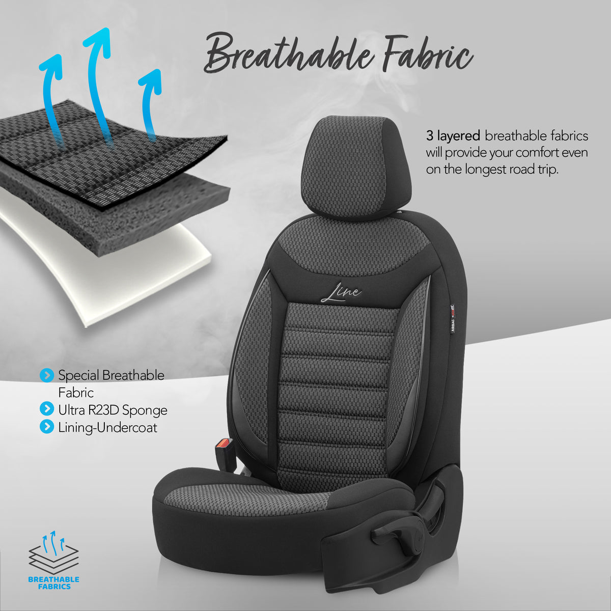 Set huse pentru scaune Line 1001 - negru/gri, material textil, pentru scaunele din față și din spate