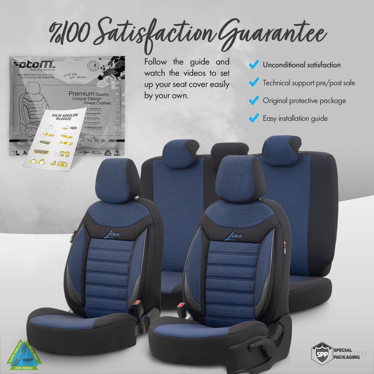Set huse Line 1004 – Negru/albastru, material textil, pentru scaunele din față și din spate