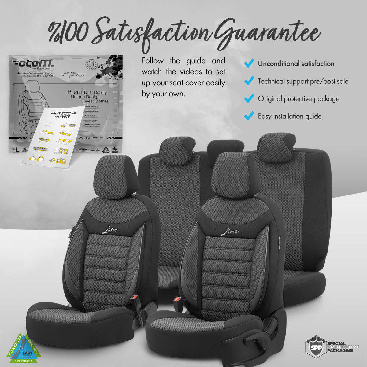 Set huse pentru scaune Line 1001 - negru/gri, material textil, pentru scaunele din față și din spate