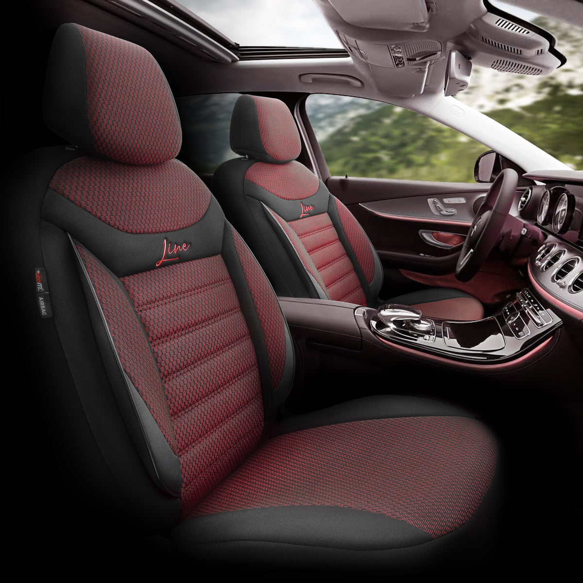 Set huse auto Line 1003 – Negru/bordo, material textil, pentru scaunele din față și din spate