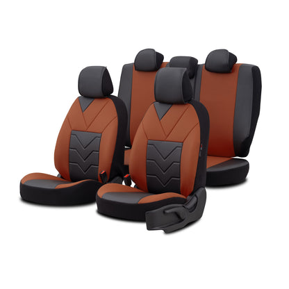 Set Tapițerie Lux Pangea – Piele ecologică, Negru/Portocaliu, pentru Scaune Față și Spate
